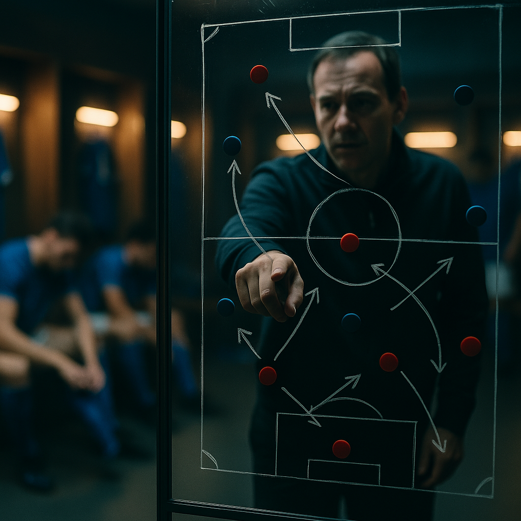 Coach planning 2026 underdog tactics on board in dramatic football locker room